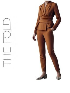 The Fold London Toffee Brown 4-Way Stretch Peplum Wrap Top & Trouser Suit